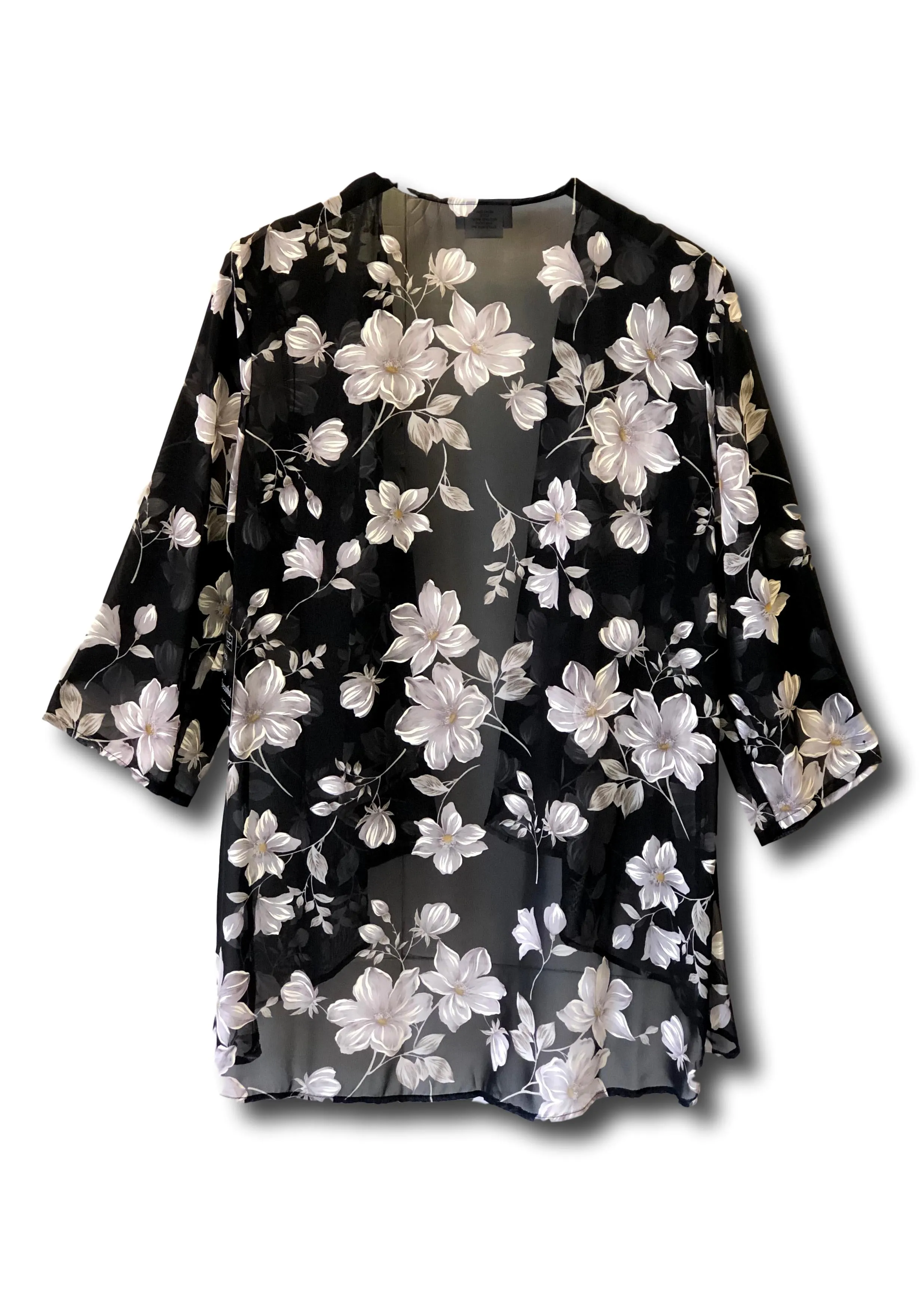 Fly Like a Butterfly Chiffon Kimono Black Jacket with Daisies