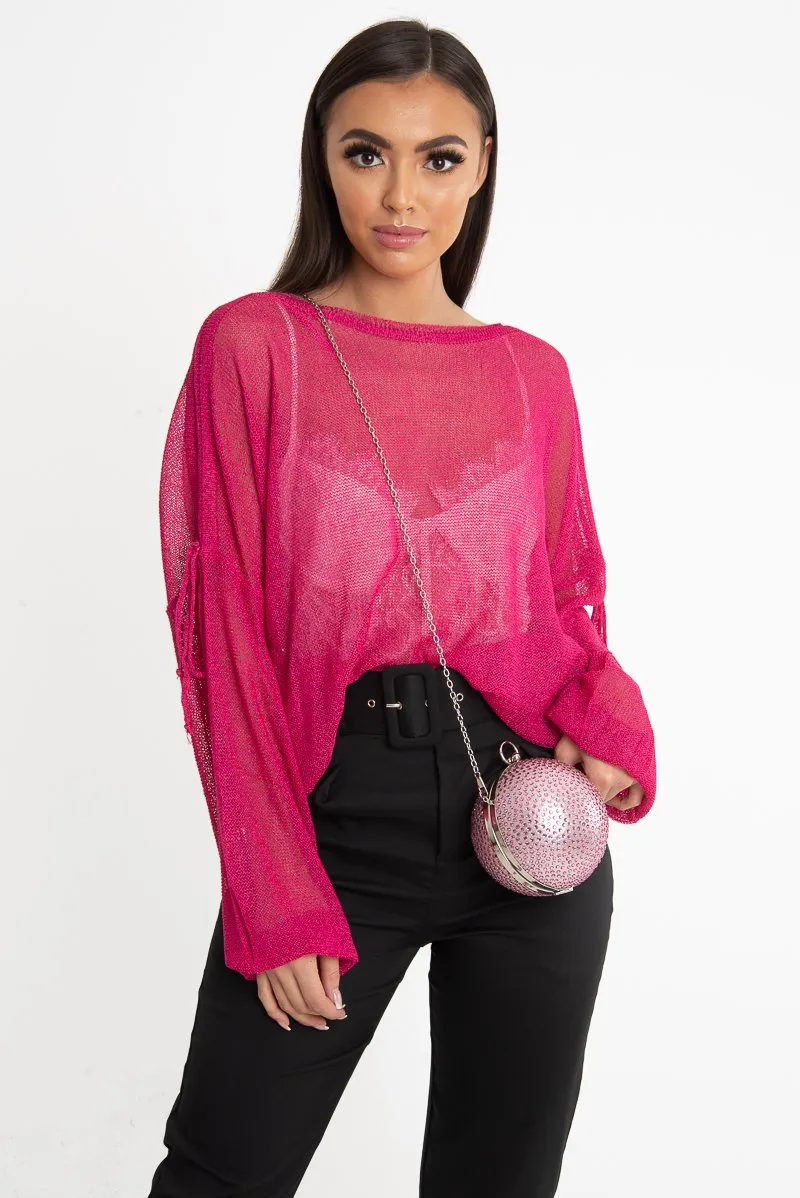 Fuchsia Net Knit Longline Tie Detail Jumper - Kensie