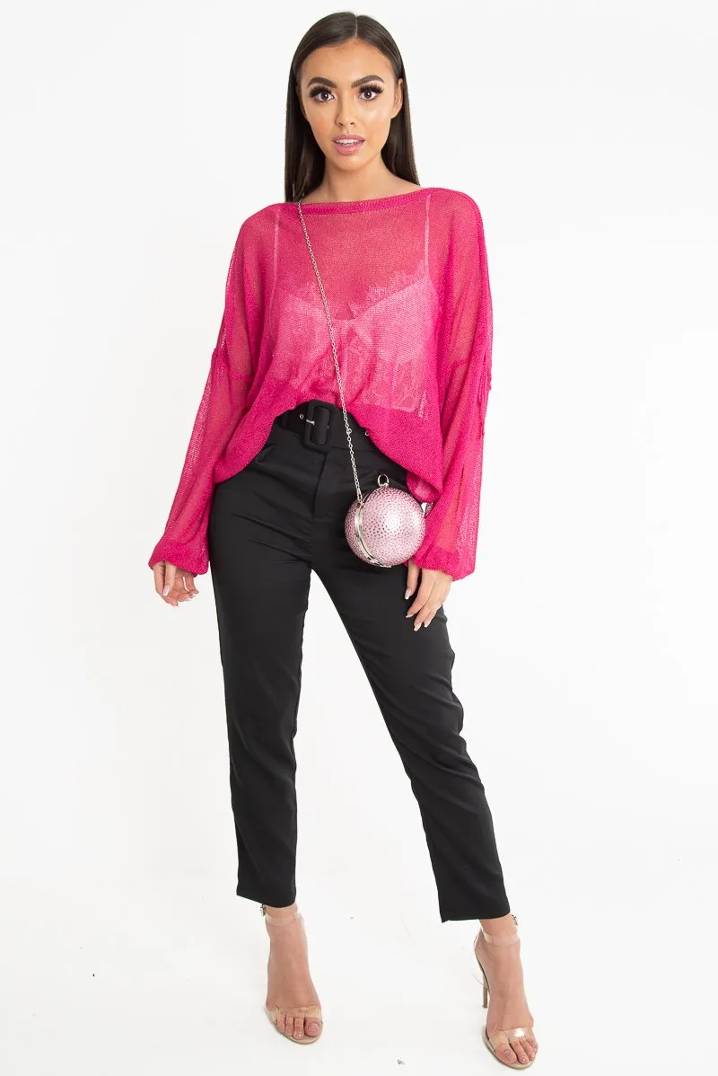 Fuchsia Net Knit Longline Tie Detail Jumper - Kensie