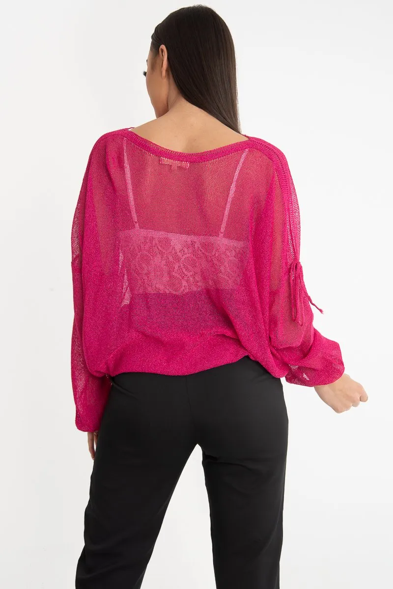 Fuchsia Net Knit Longline Tie Detail Jumper - Kensie