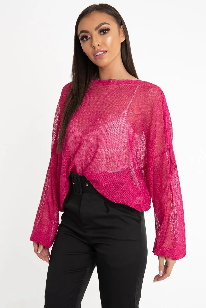 Fuchsia Net Knit Longline Tie Detail Jumper - Kensie