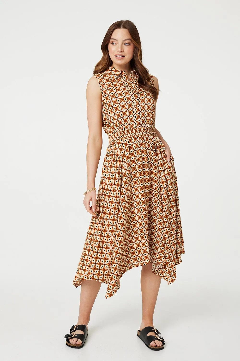 Geo Print Sleeveless Midi Shirt Dress