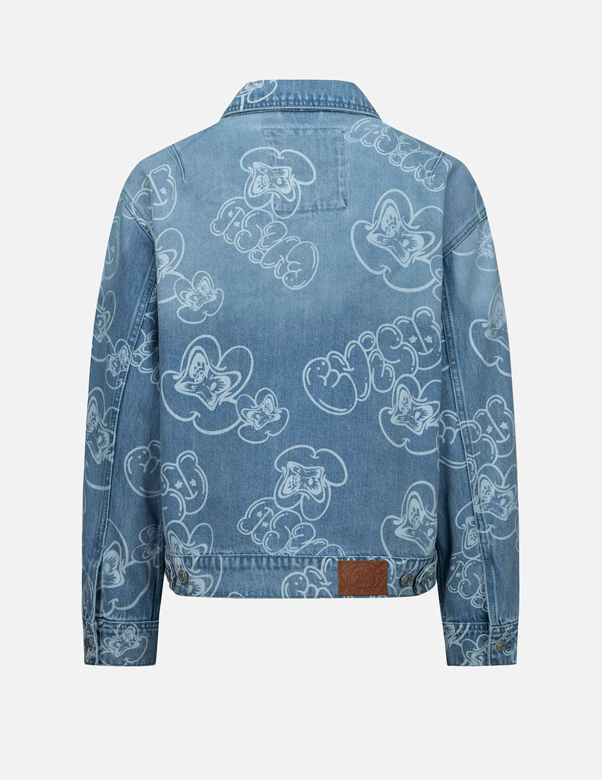 Graffiti Daruma and Logo Allover Discharged Print Denim Jacket