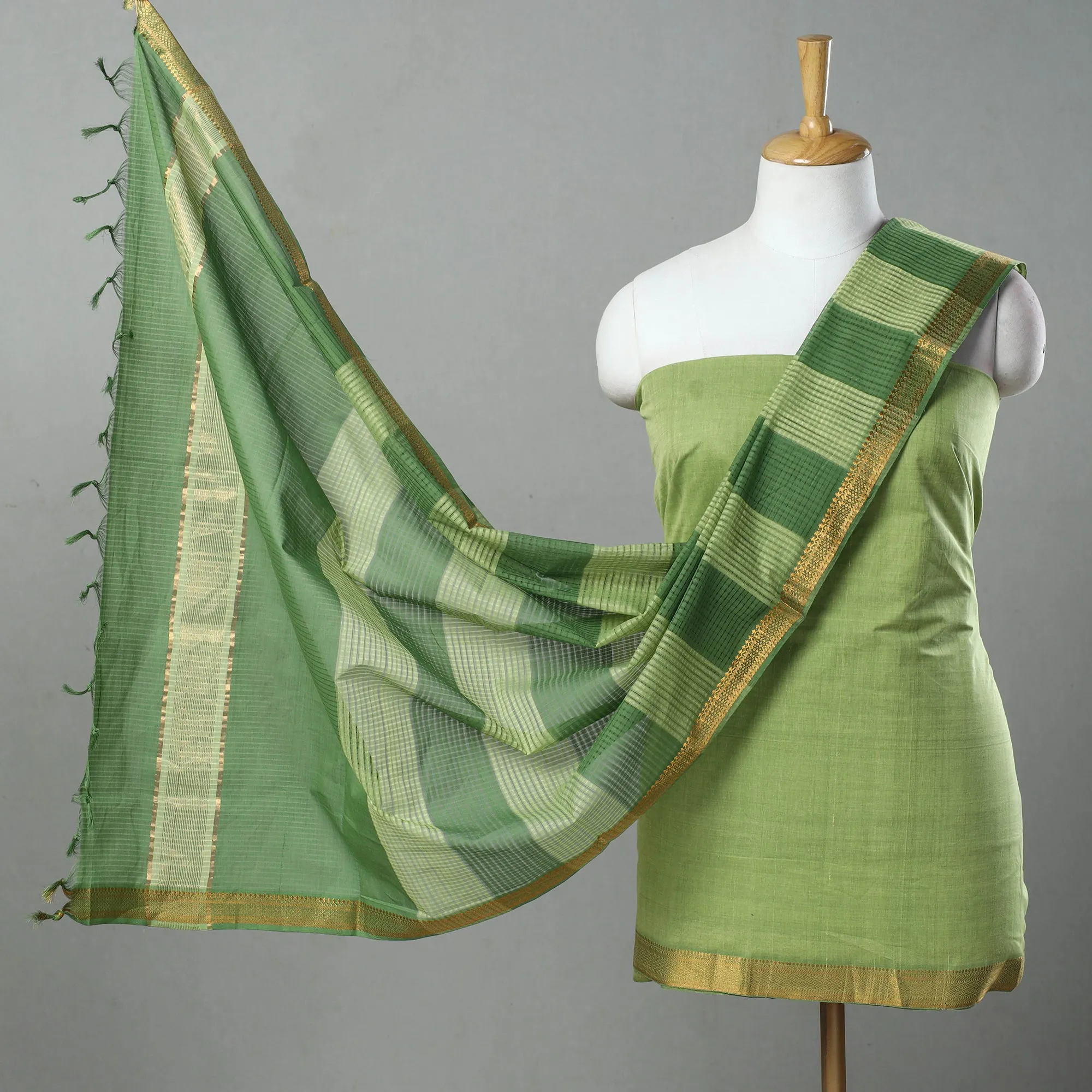 Green - 3pc Handloom Cotton Mangalagiri Dress Material 05