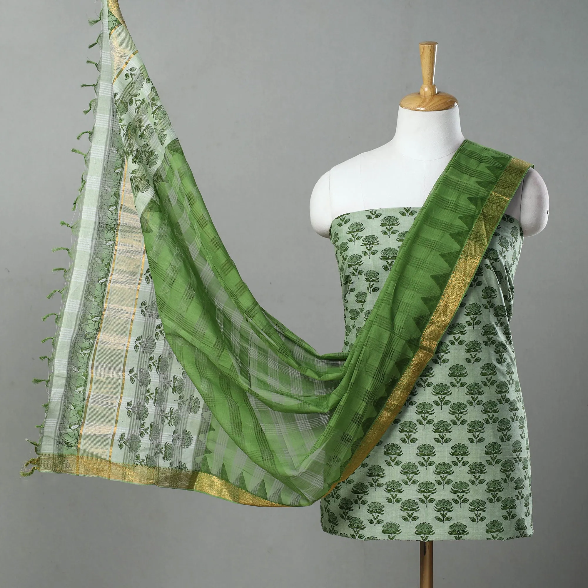 Green - 3pc Handloom Cotton Printed Mangalagiri Dress Material 12