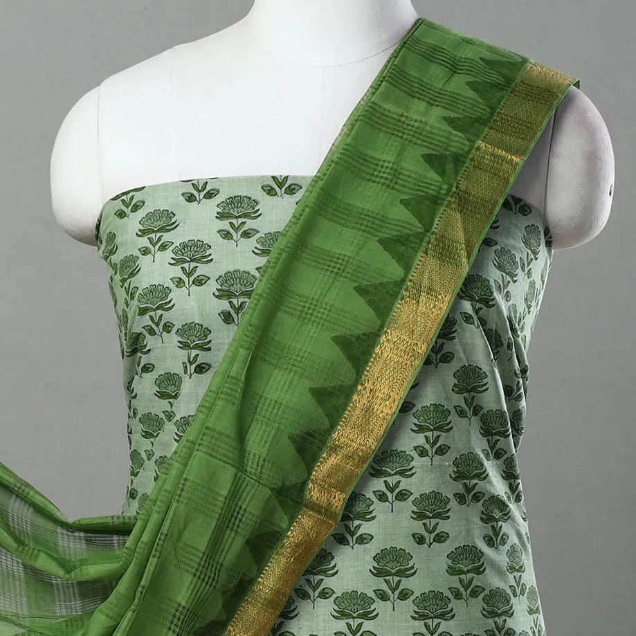 Green - 3pc Handloom Cotton Printed Mangalagiri Dress Material 12