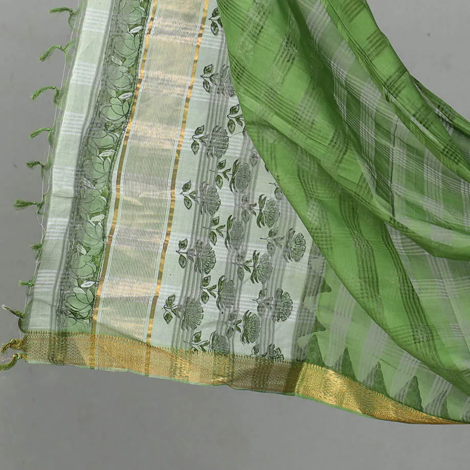 Green - 3pc Handloom Cotton Printed Mangalagiri Dress Material 12