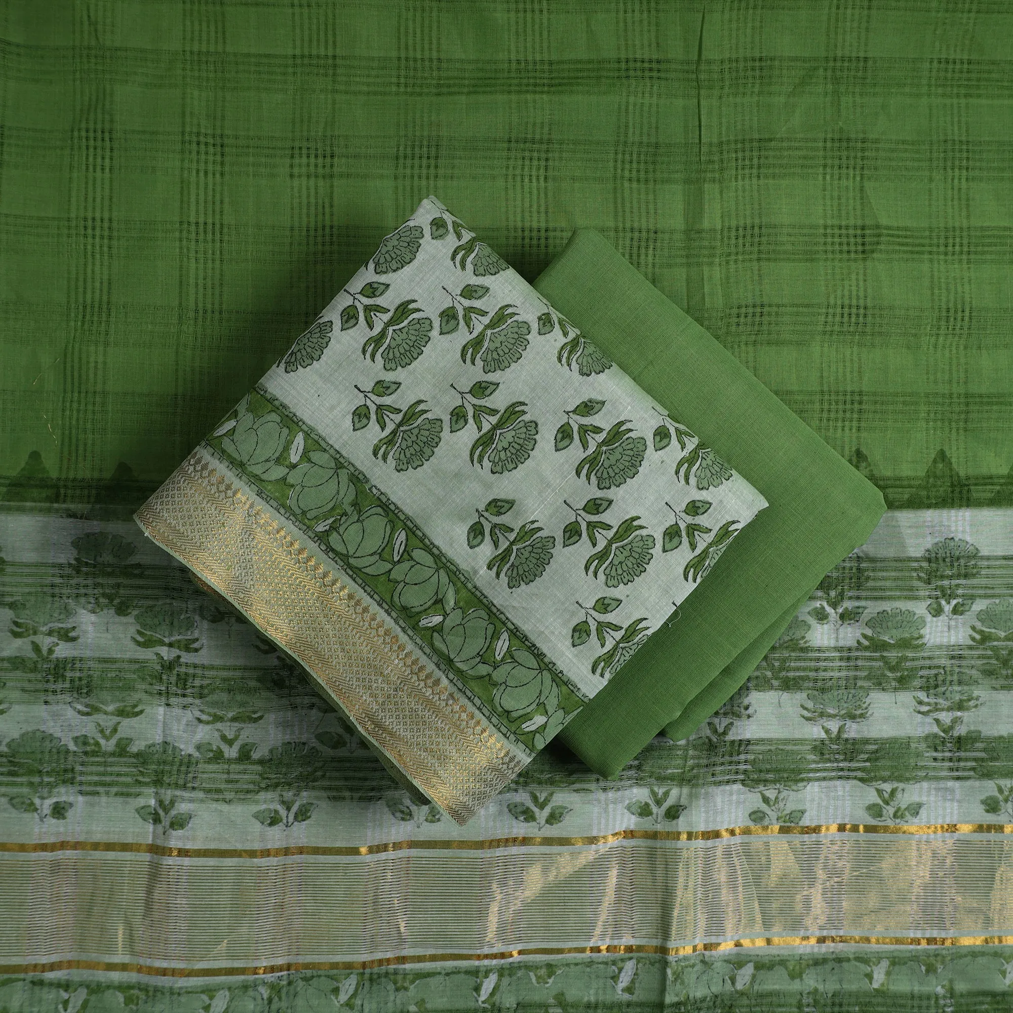 Green - 3pc Handloom Cotton Printed Mangalagiri Dress Material 12