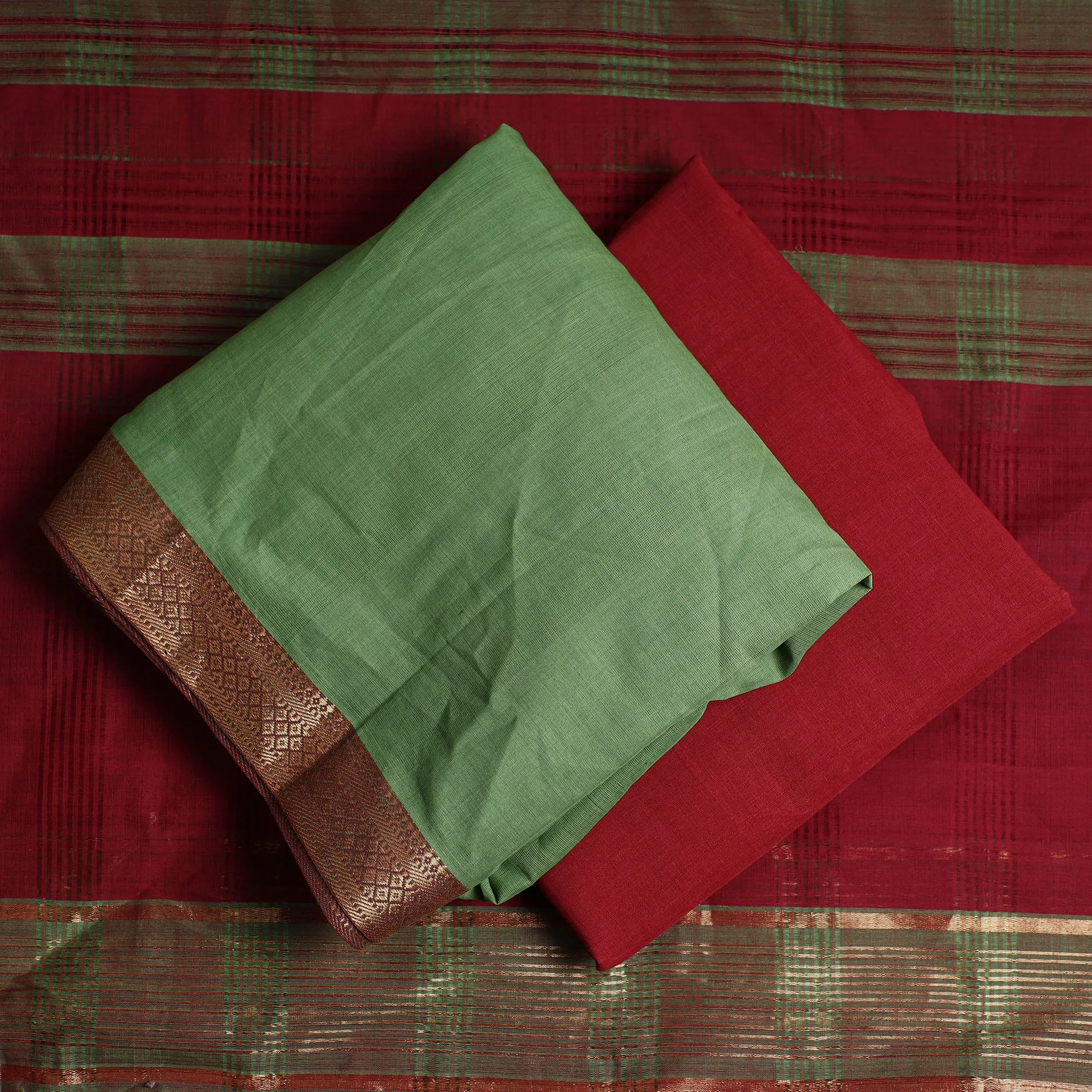 Green - 3pc Mangalagiri Handloom Cotton Nizam Zari Border Suit Material Set 09