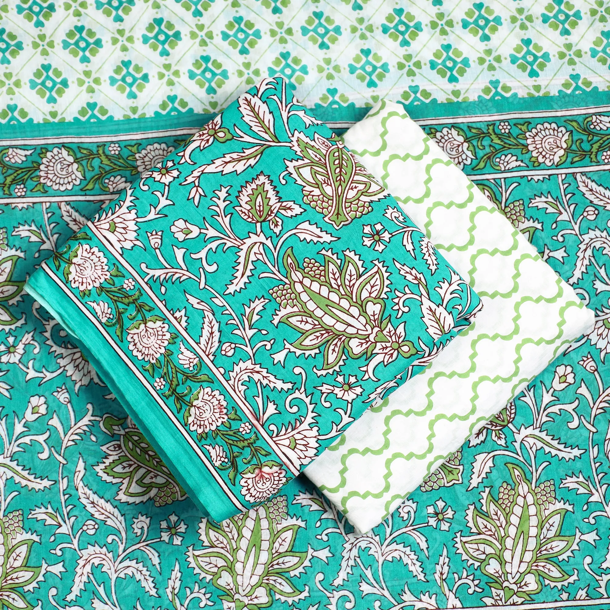 Green - 3pc Sanganeri Block Printed Cotton Suit Material Set 06