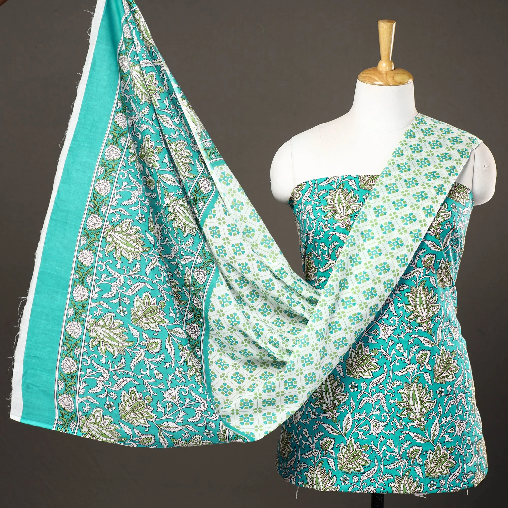 Green - 3pc Sanganeri Block Printed Cotton Suit Material Set 06