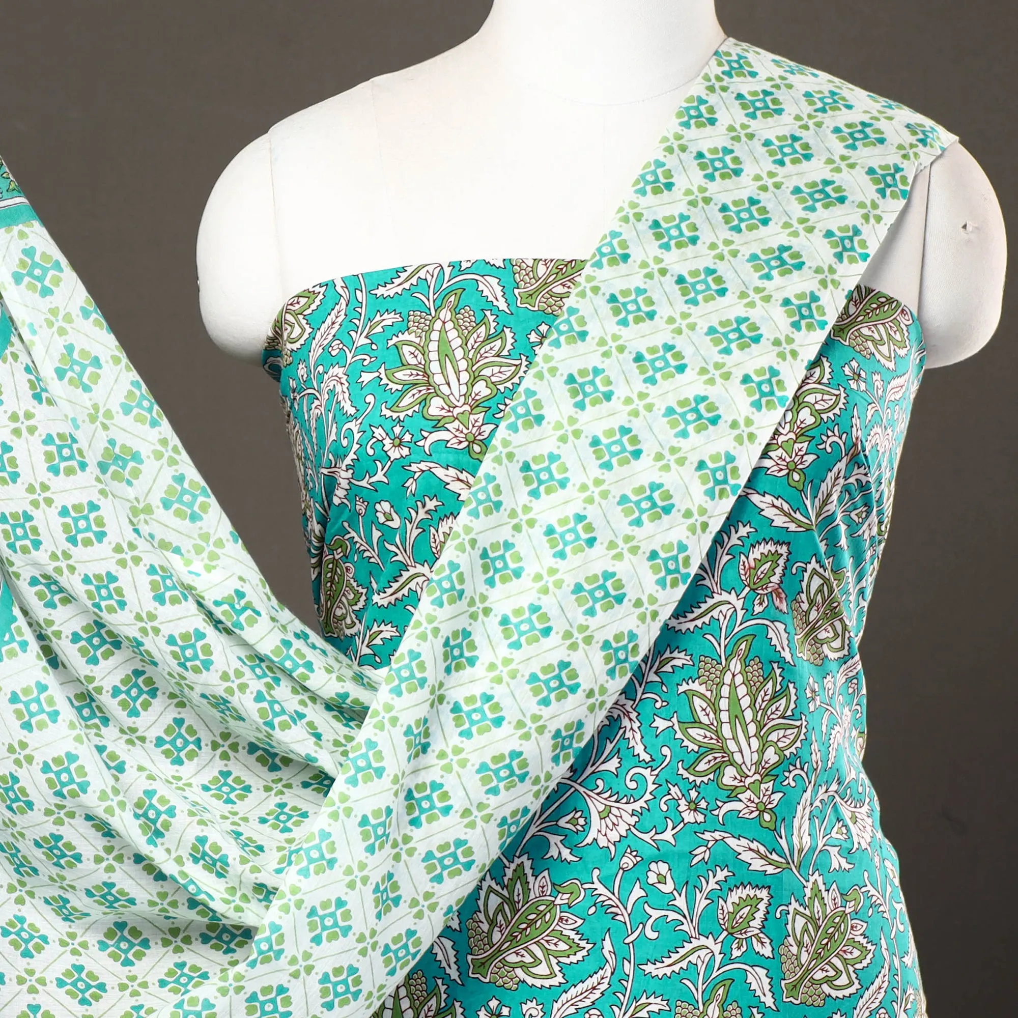 Green - 3pc Sanganeri Block Printed Cotton Suit Material Set 06