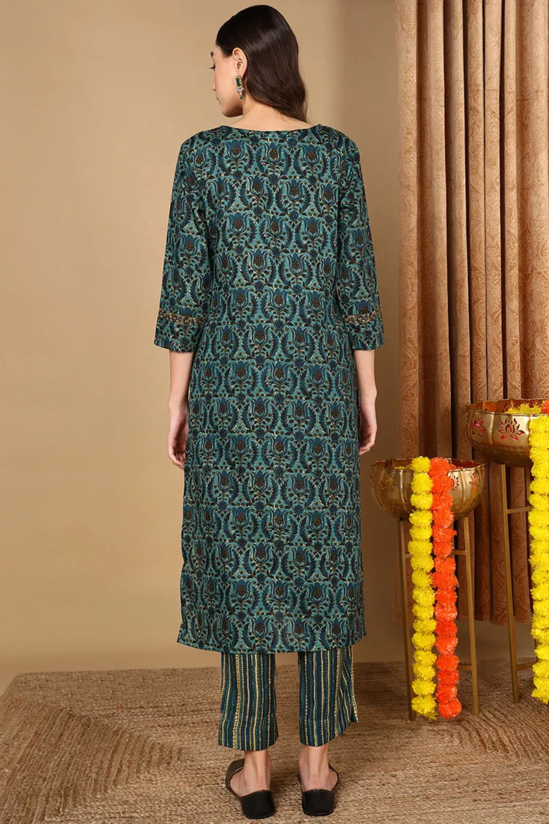 Green Cotton Blend Floral Printed Straight Kurta Set