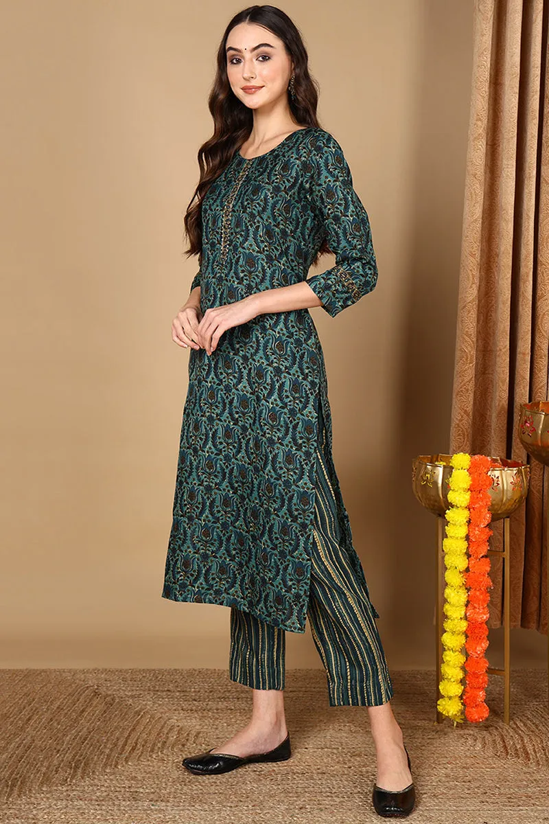 Green Cotton Blend Floral Printed Straight Kurta Set