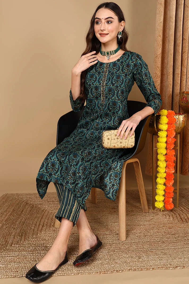 Green Cotton Blend Floral Printed Straight Kurta Set