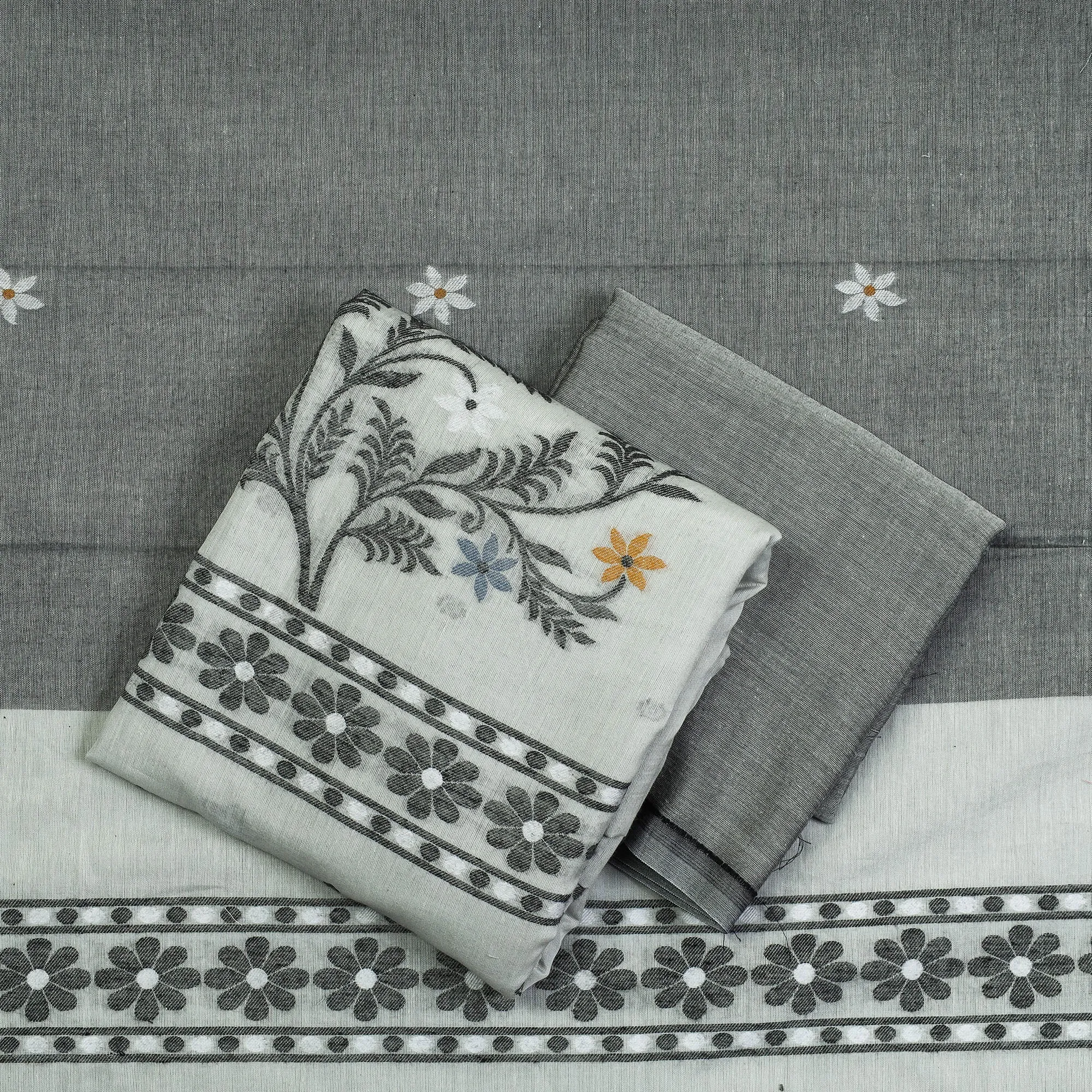 Grey - 3pc Phulia Jacquard Weave Handloom Cotton Suit Material Set