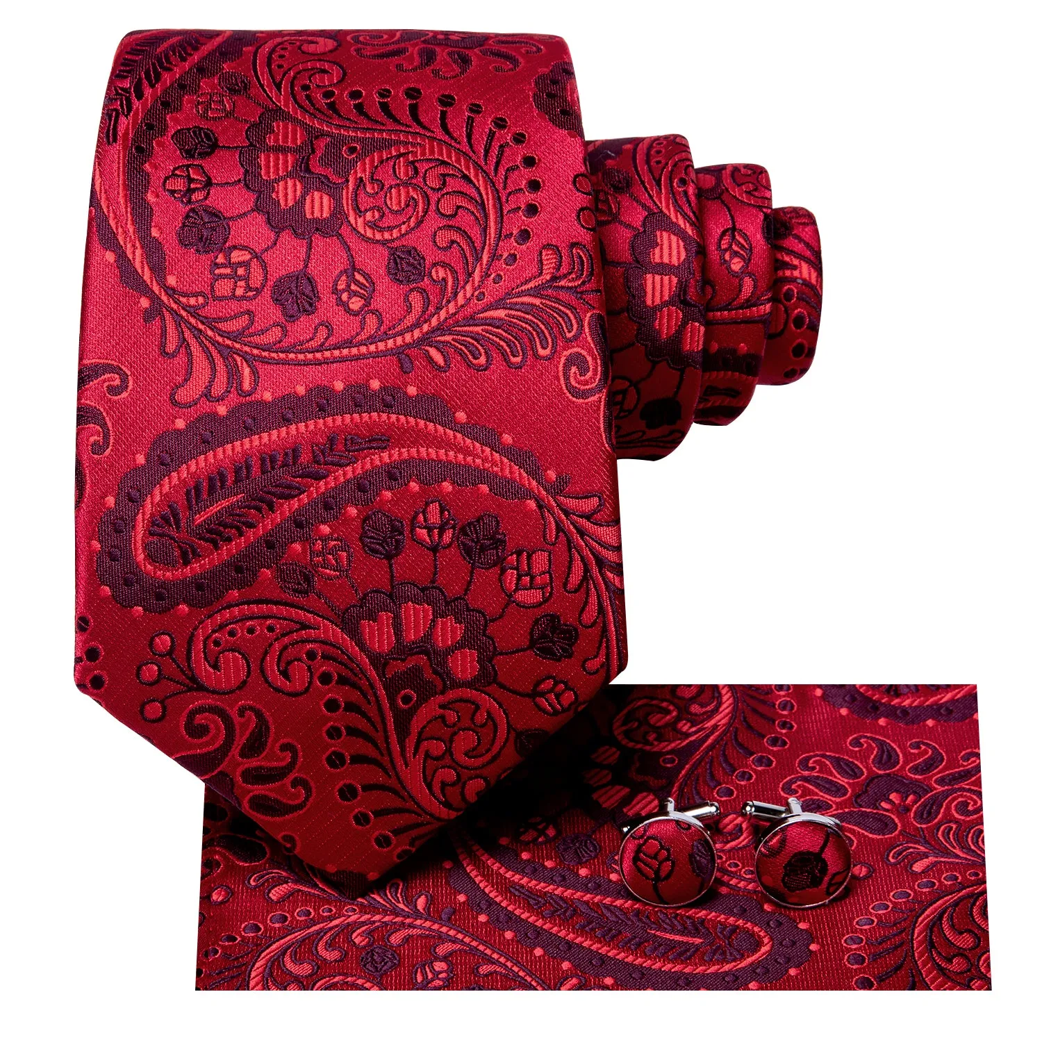 Hi-Tie Crimson Red Paisley Men's Necktie Pocket Square Cufflinks Set