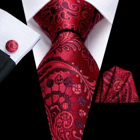 Hi-Tie Crimson Red Paisley Men's Necktie Pocket Square Cufflinks Set