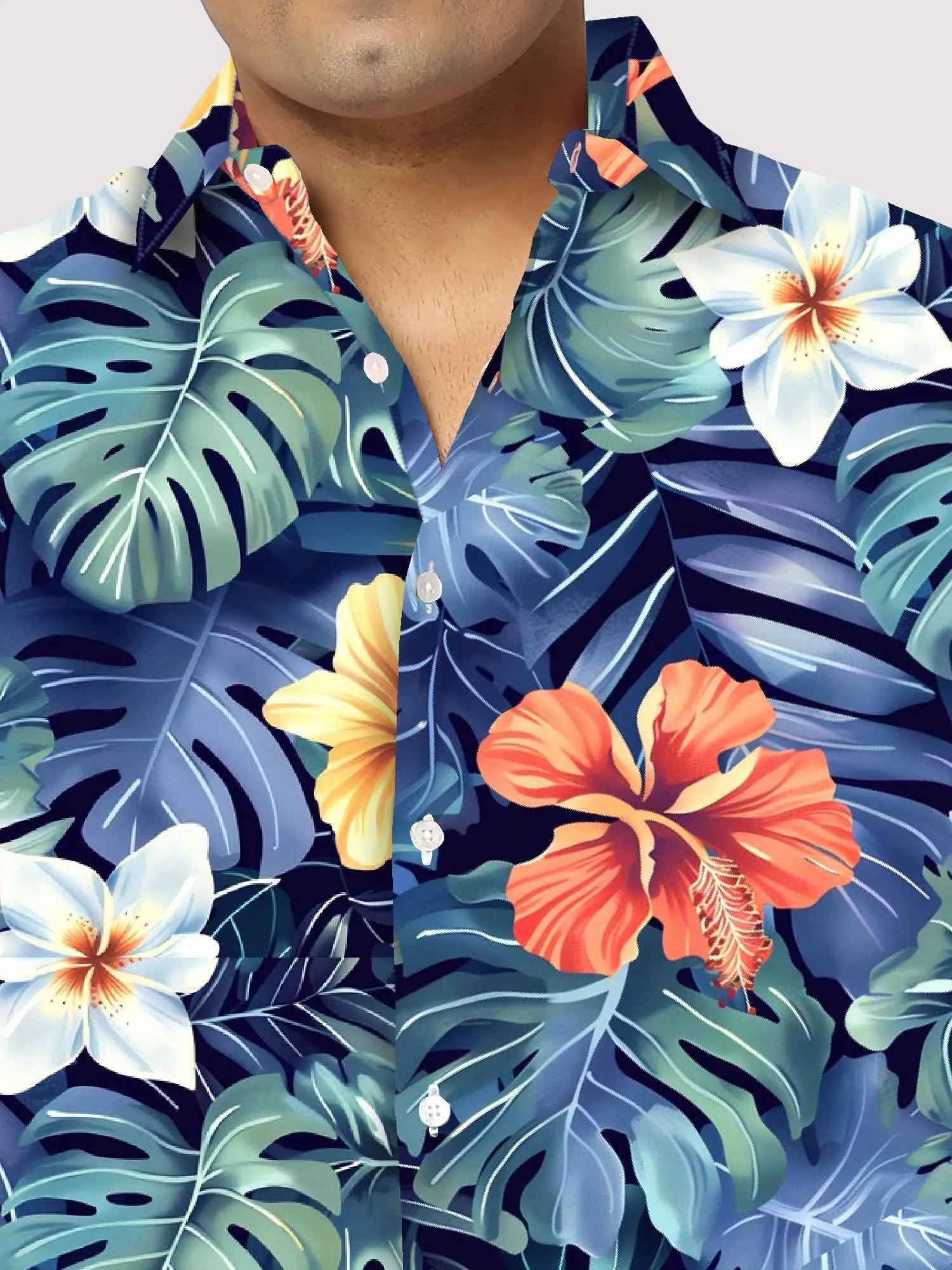 Hibiscus Flower Blue Digital Printed Half Sleeve Shirt Men's Plus Size