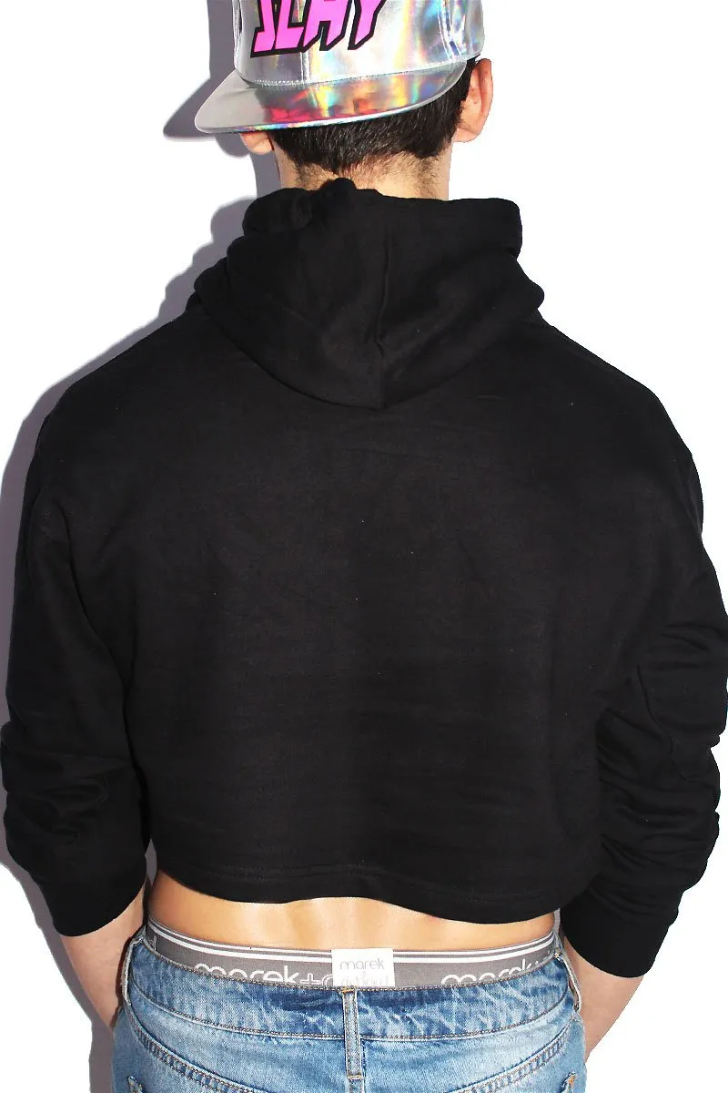 Holographic Flames Crop Long Sleeve Hoodie-Black