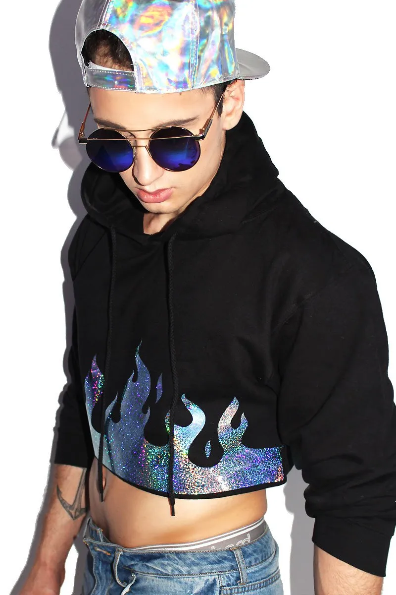 Holographic Flames Crop Long Sleeve Hoodie-Black