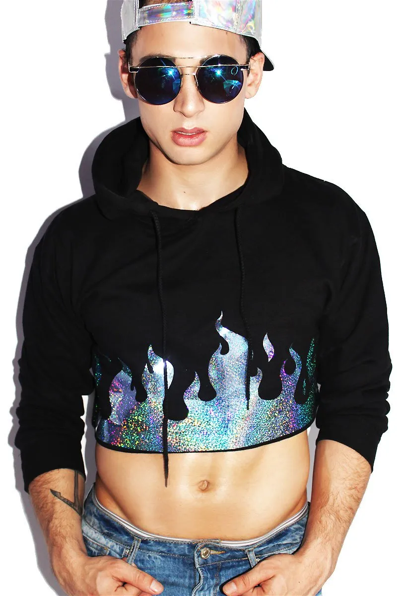 Holographic Flames Crop Long Sleeve Hoodie-Black