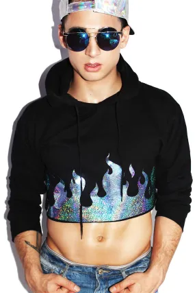 Holographic Flames Crop Long Sleeve Hoodie-Black