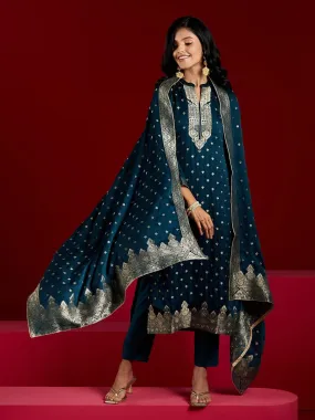 Jashvi Art Teal Woven Design Silk Straight Suit With Dupatta