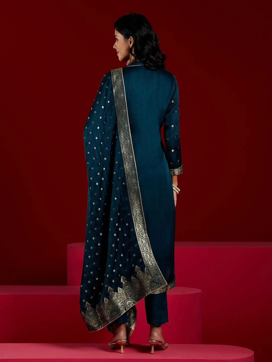 Jashvi Art Teal Woven Design Silk Straight Suit With Dupatta