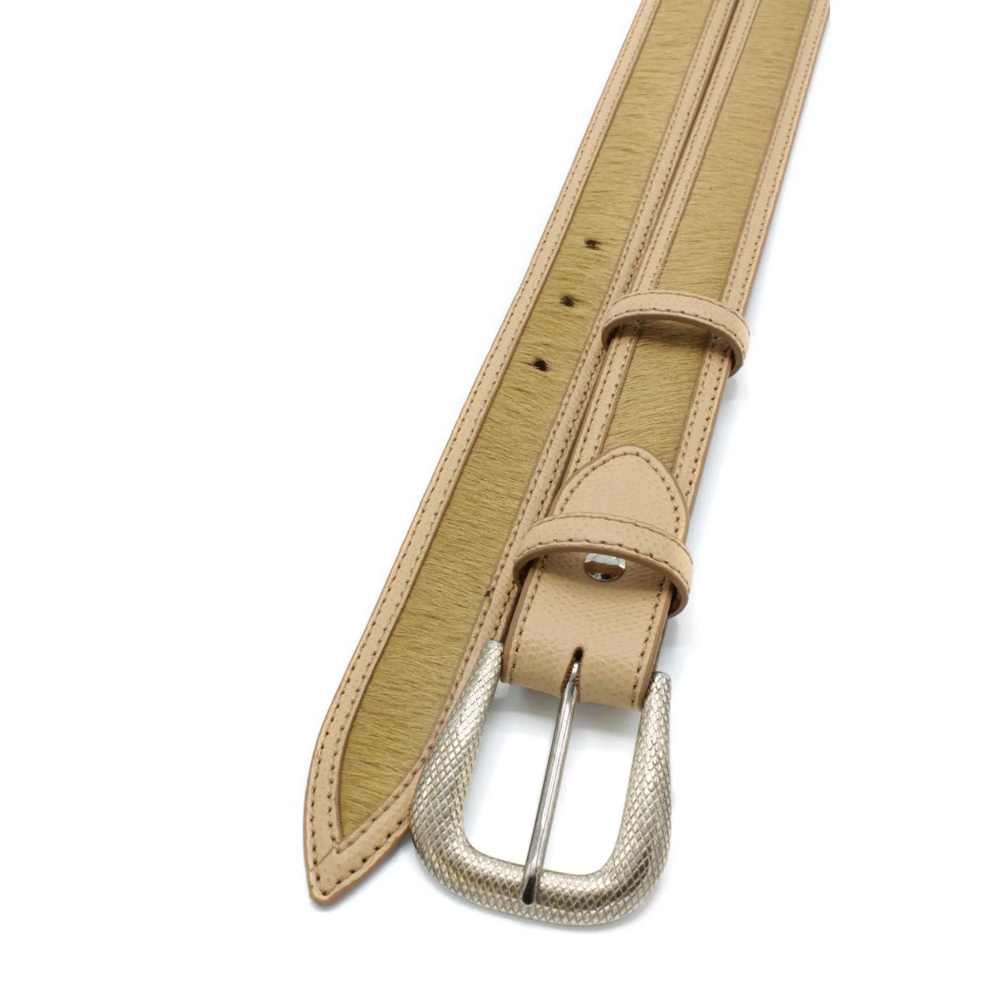 Jett' Narrow Beige Pony/Leather Mix Etched Belt