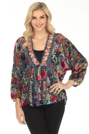 Johnny Was Minto Burnout Velvet Floral 3/4 Sleeve Kimono Jacket C49323AO