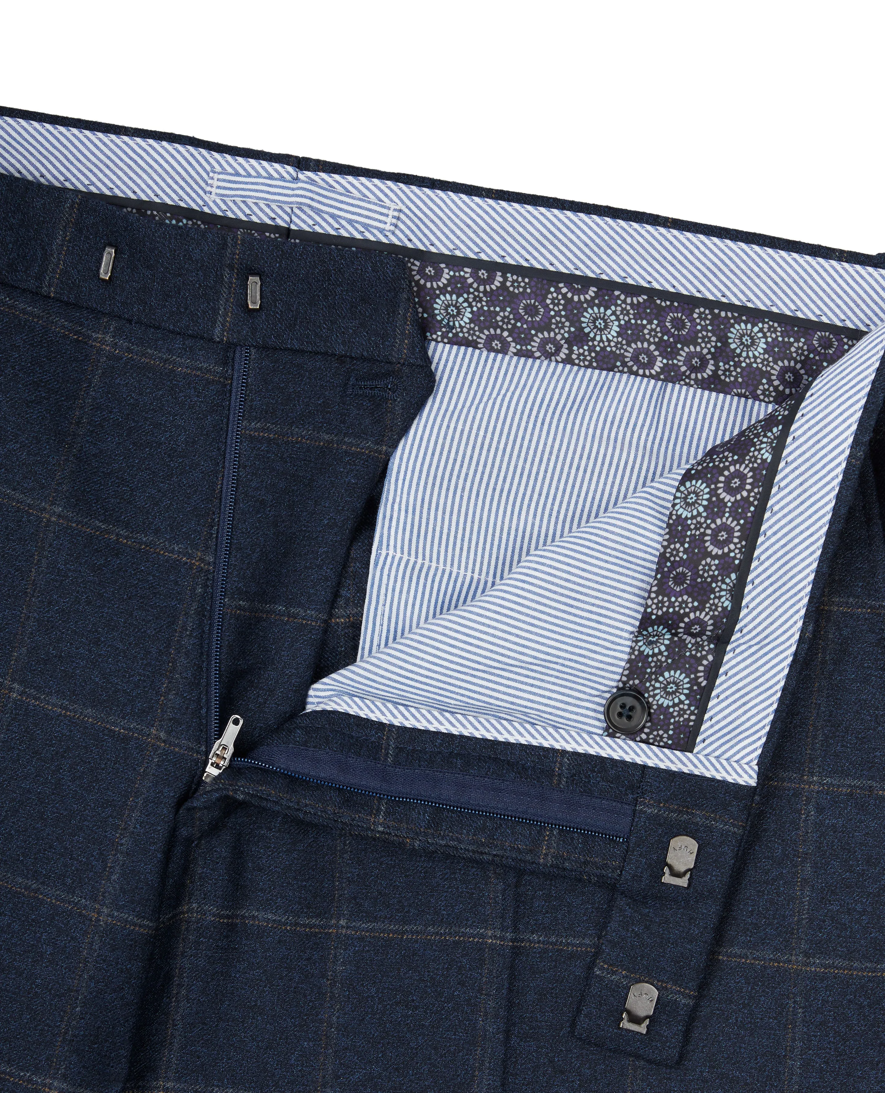 Jubilee Wool Silk Cashmere Slim Fit Navy and Beige Check Trousers