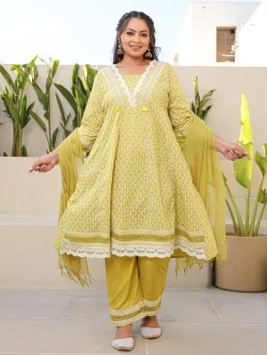 Juniper Lime Green Ethnic Motif Printed & Laced Pure Cotton Plus Size Anarkali Kurta Pants & Dupatta Set With Tassels Sequins & Buttons (3-Pcs)