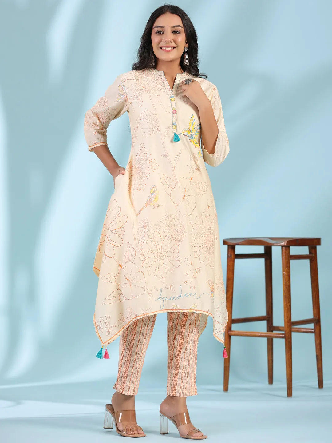 Juniper Naylon Dobby Peach Floral Printed Lacy Kurta With Pants With Contrast 3D Handwork