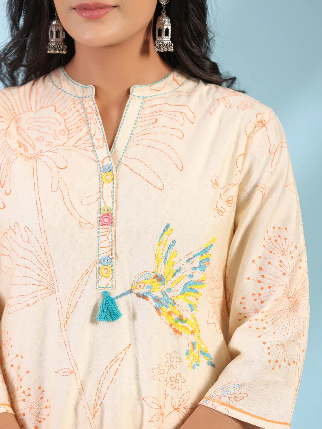 Juniper Naylon Dobby Peach Floral Printed Lacy Kurta With Pants With Contrast 3D Handwork