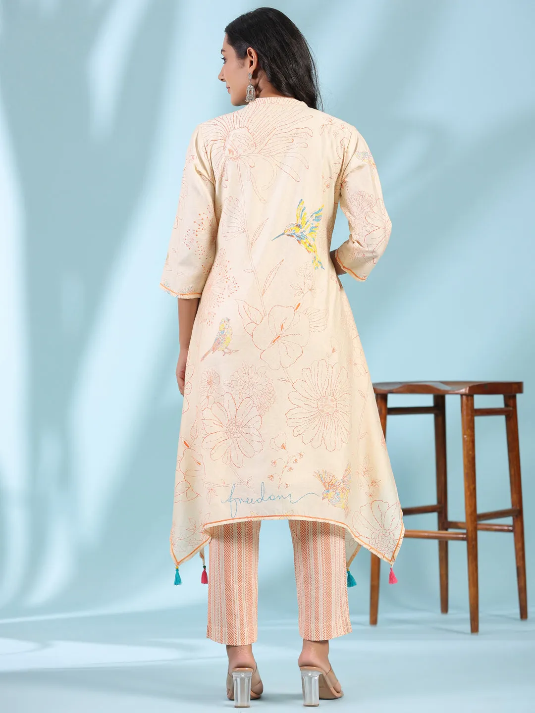 Juniper Naylon Dobby Peach Floral Printed Lacy Kurta With Pants With Contrast 3D Handwork