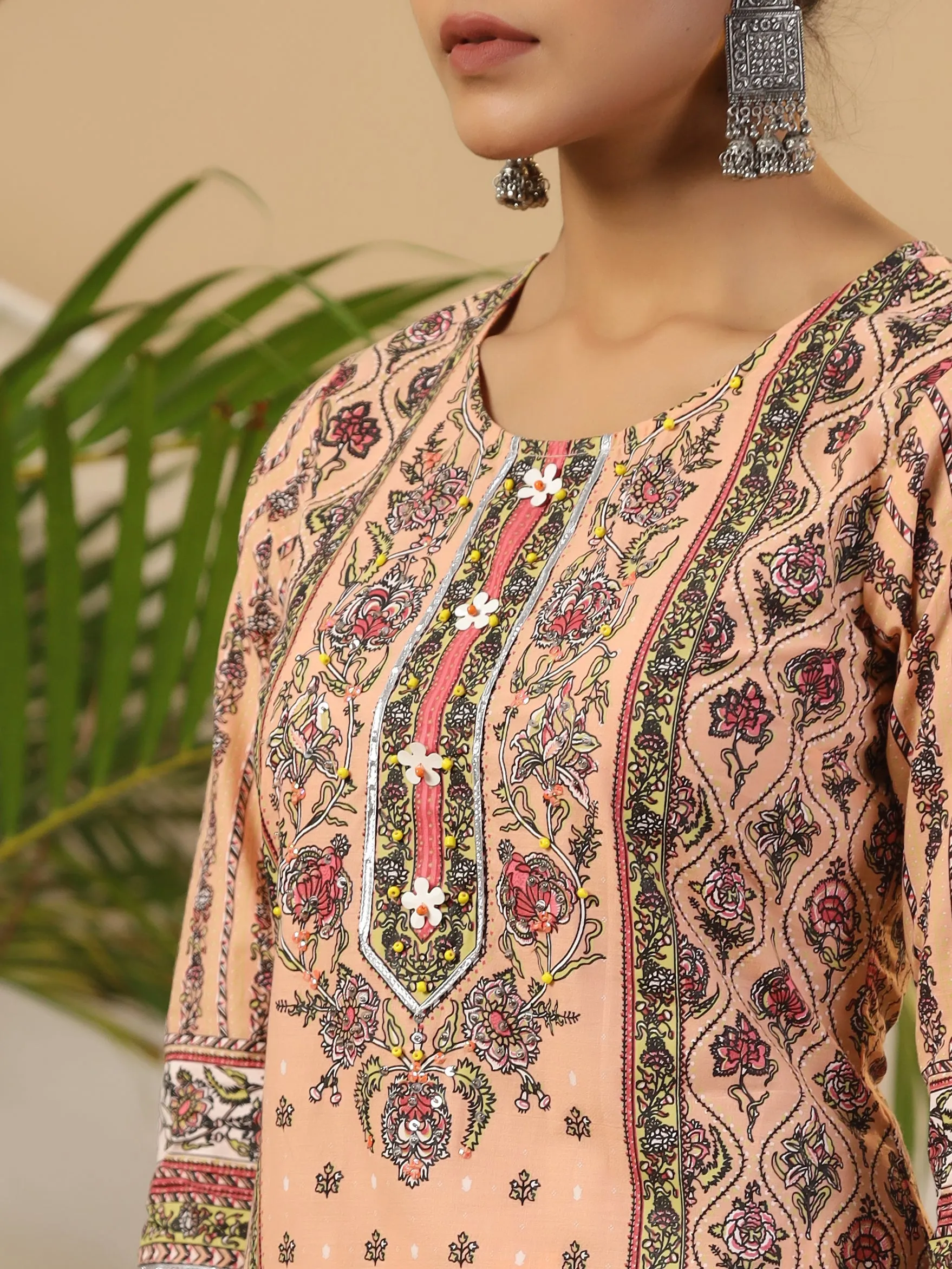 Juniper Peach Ethnic Motif Printed Pure Cotton Kurta Palazzos & Kota Doria Dupatta With Beads & Sequins