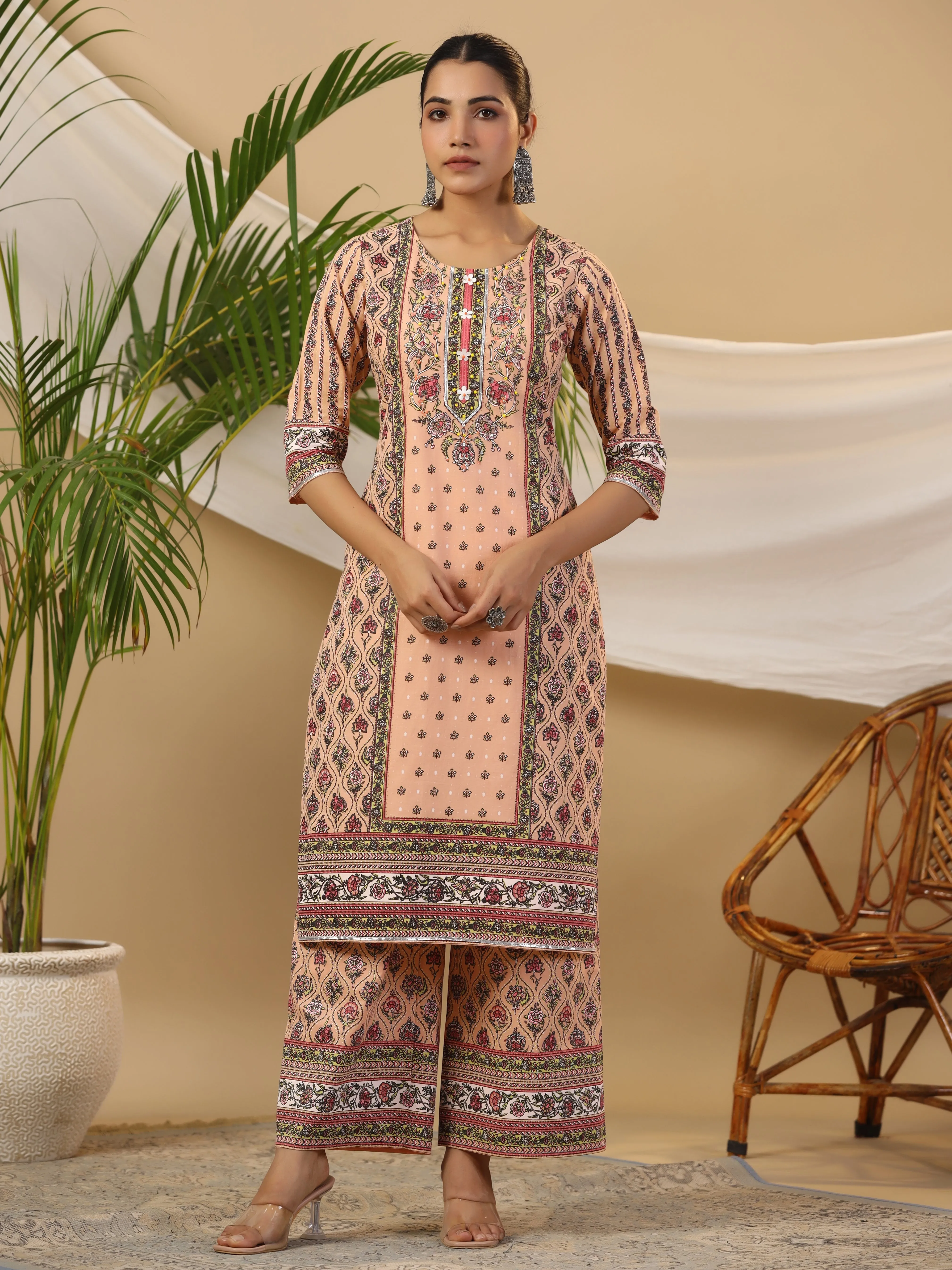 Juniper Peach Ethnic Motif Printed Pure Cotton Kurta Palazzos & Kota Doria Dupatta With Beads & Sequins