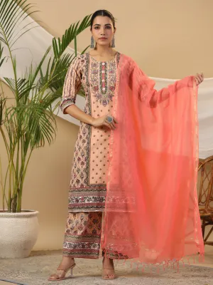 Juniper Peach Ethnic Motif Printed Pure Cotton Kurta Palazzos & Kota Doria Dupatta With Beads & Sequins