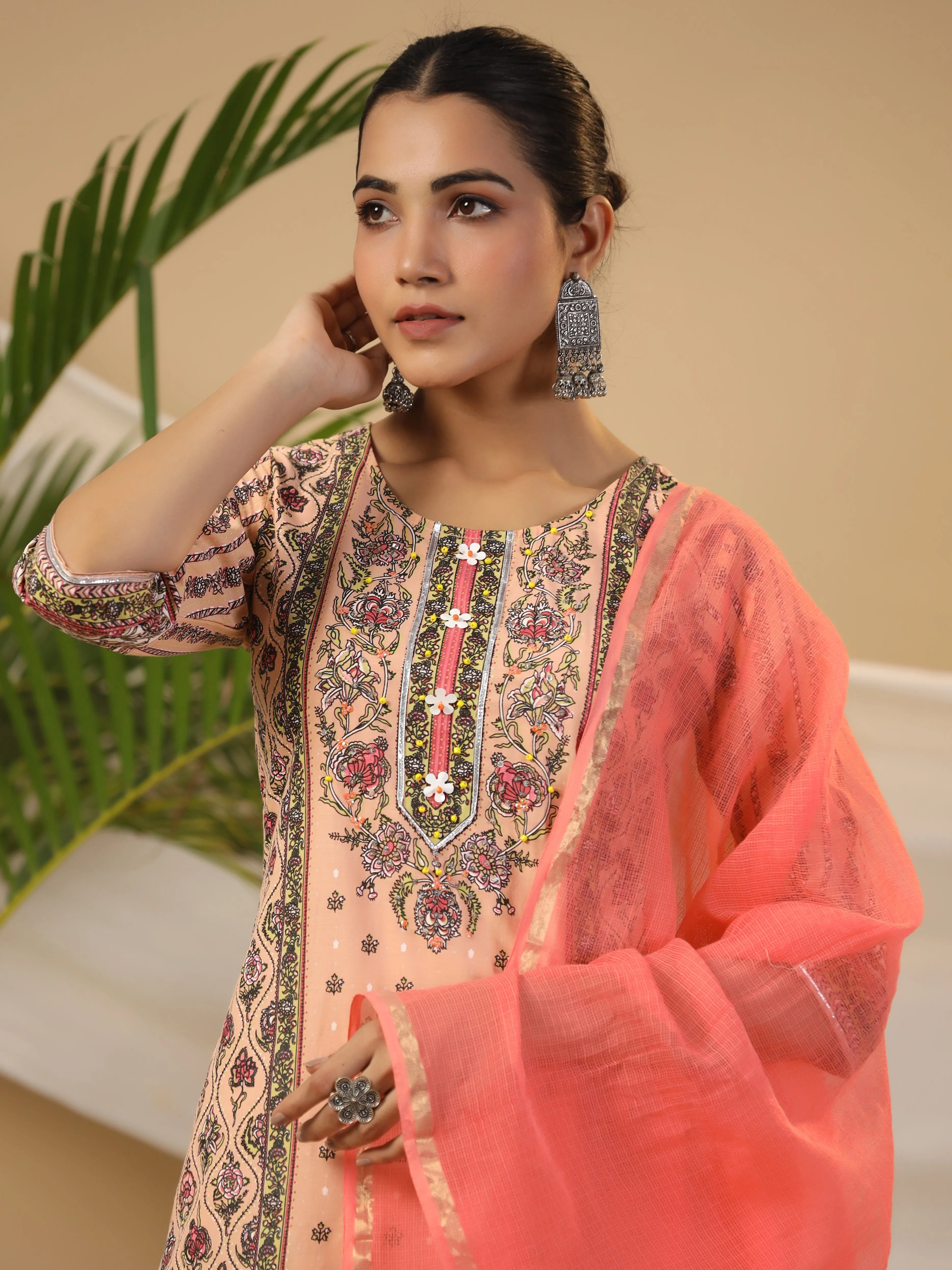 Juniper Peach Ethnic Motif Printed Pure Cotton Kurta Palazzos & Kota Doria Dupatta With Beads & Sequins