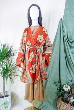 Karina Kimono Jacket - Vintage Sari - Burnt Orange Chevron Floral  - Free Size S