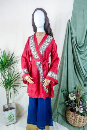 Karina Kimono Jacket - Vintage Sari - Crimson Nouveau Floral - Free Size S/M