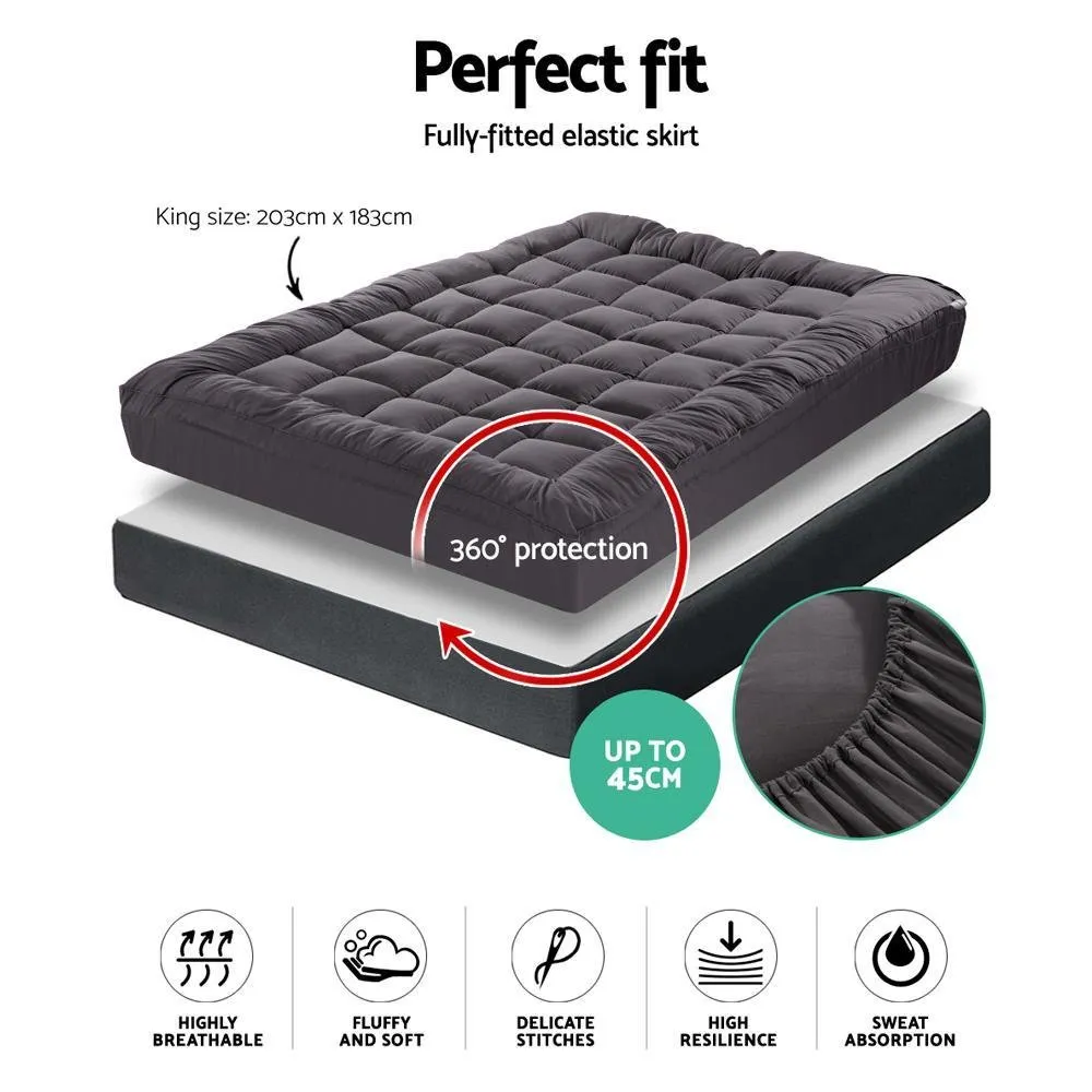 King Mattress Topper Pillowtop 1000GSM Charcoal Microfibre Bamboo Fibre Filling Protector