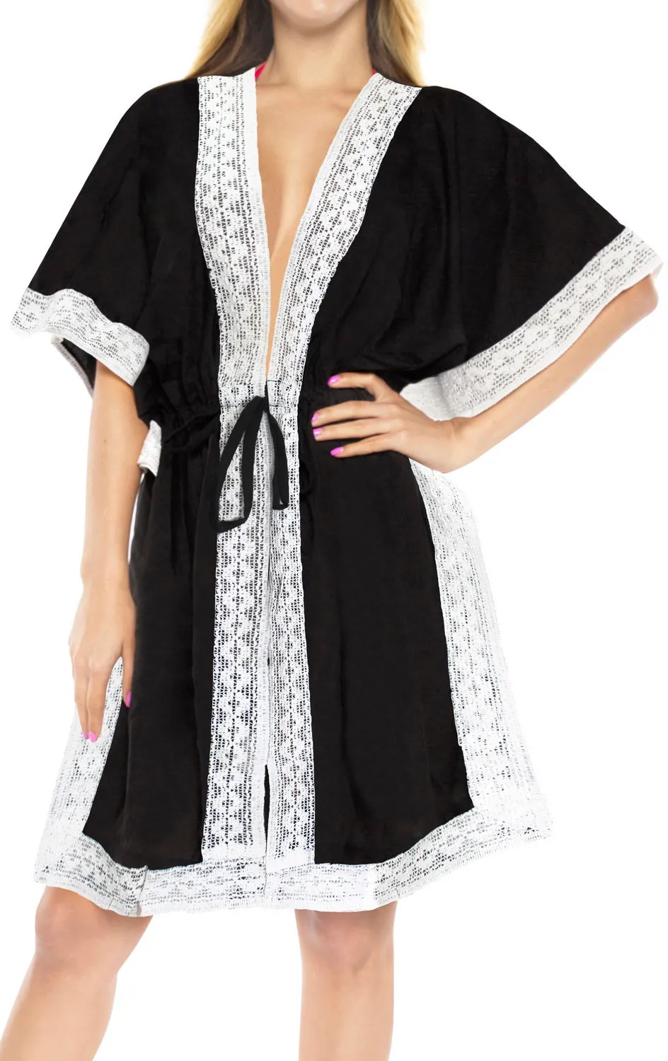 LA LEELA Kimono Cardigan Bikini Cover up jacket loose Rayon Women OSFM 14-30 [L-5X] Black_1504