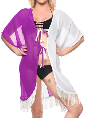 LA LEELA Kimono Cardigan Bikini Cover up jacket loose Tunic Kimono OSFM 14-18 [L-2X] White_663