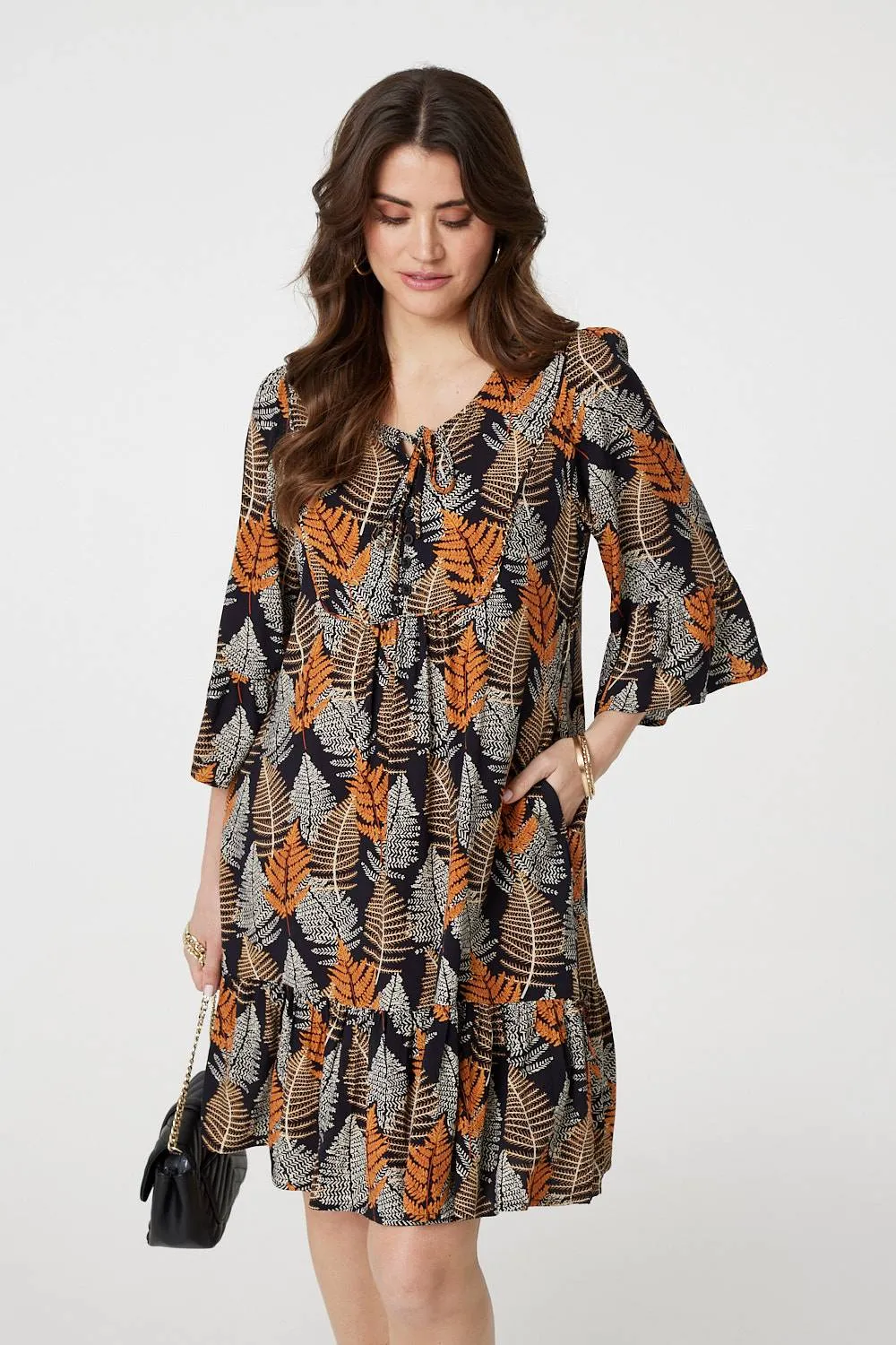 Leaf Print Knee Length Relaxed Dress