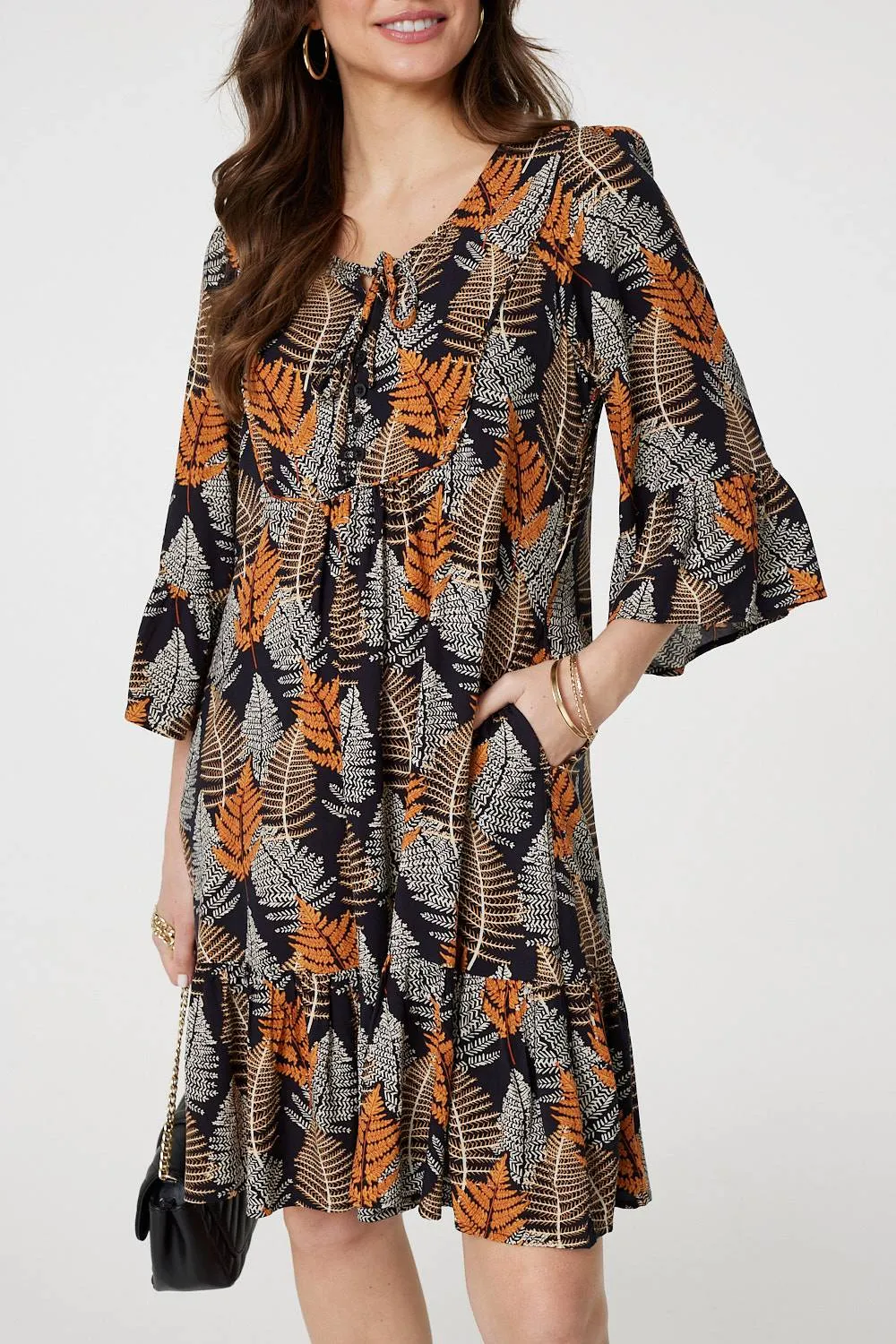 Leaf Print Knee Length Relaxed Dress