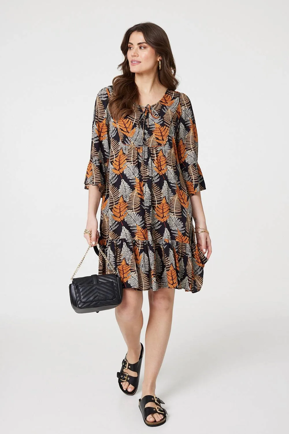 Leaf Print Knee Length Relaxed Dress