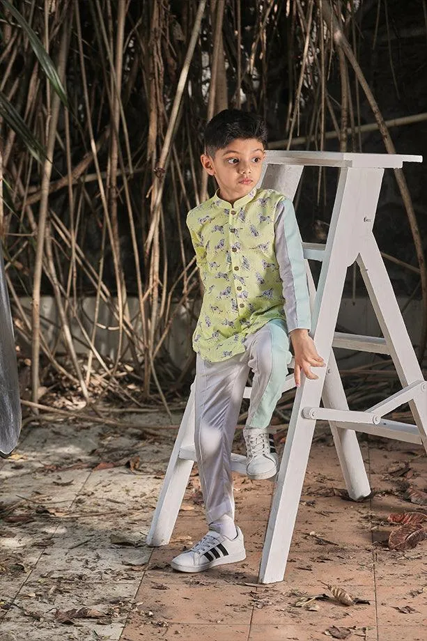 Lemon Yellow Animal Print Shirt Kurta and Off- White Pants Set for Boys