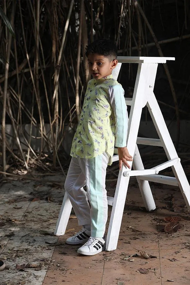 Lemon Yellow Animal Print Shirt Kurta and Off- White Pants Set for Boys